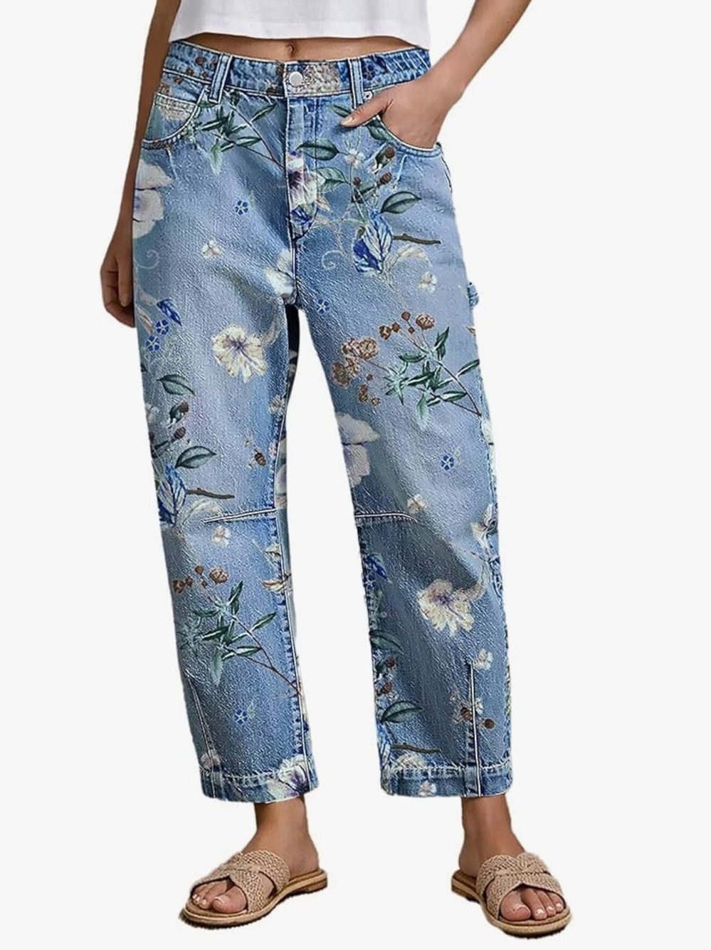 Flamingals Flap Pocket Floral High Waist Barrel Leg Carpenter Jeans